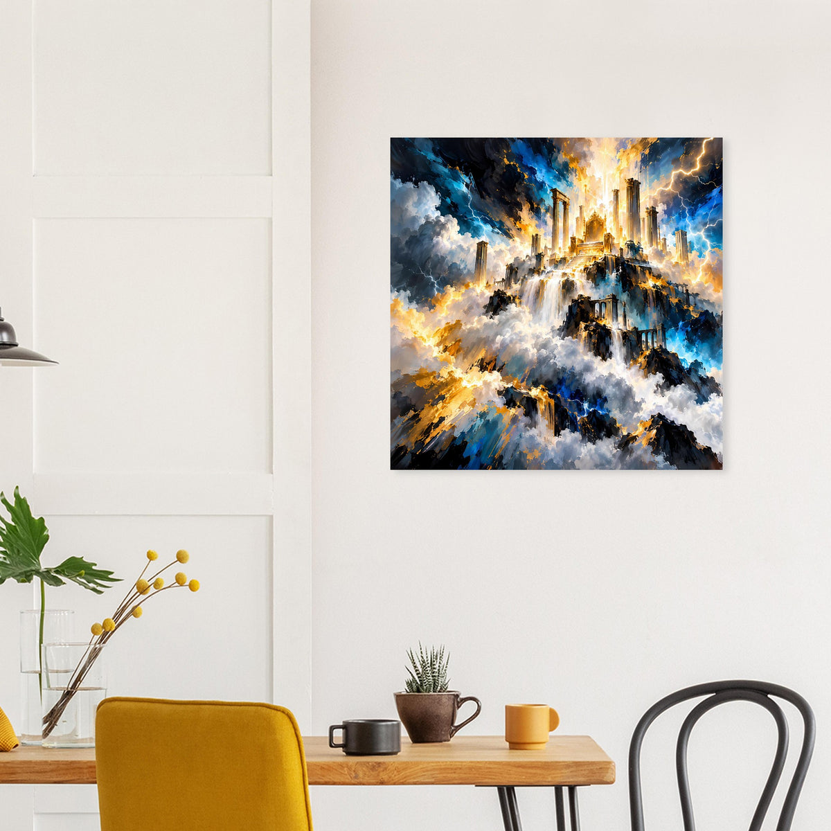 Quadratisches Fantasy-Poster mit schwarzem Rahmen: blau-goldene Fantasy-Skyline mit Lichtstrahlen