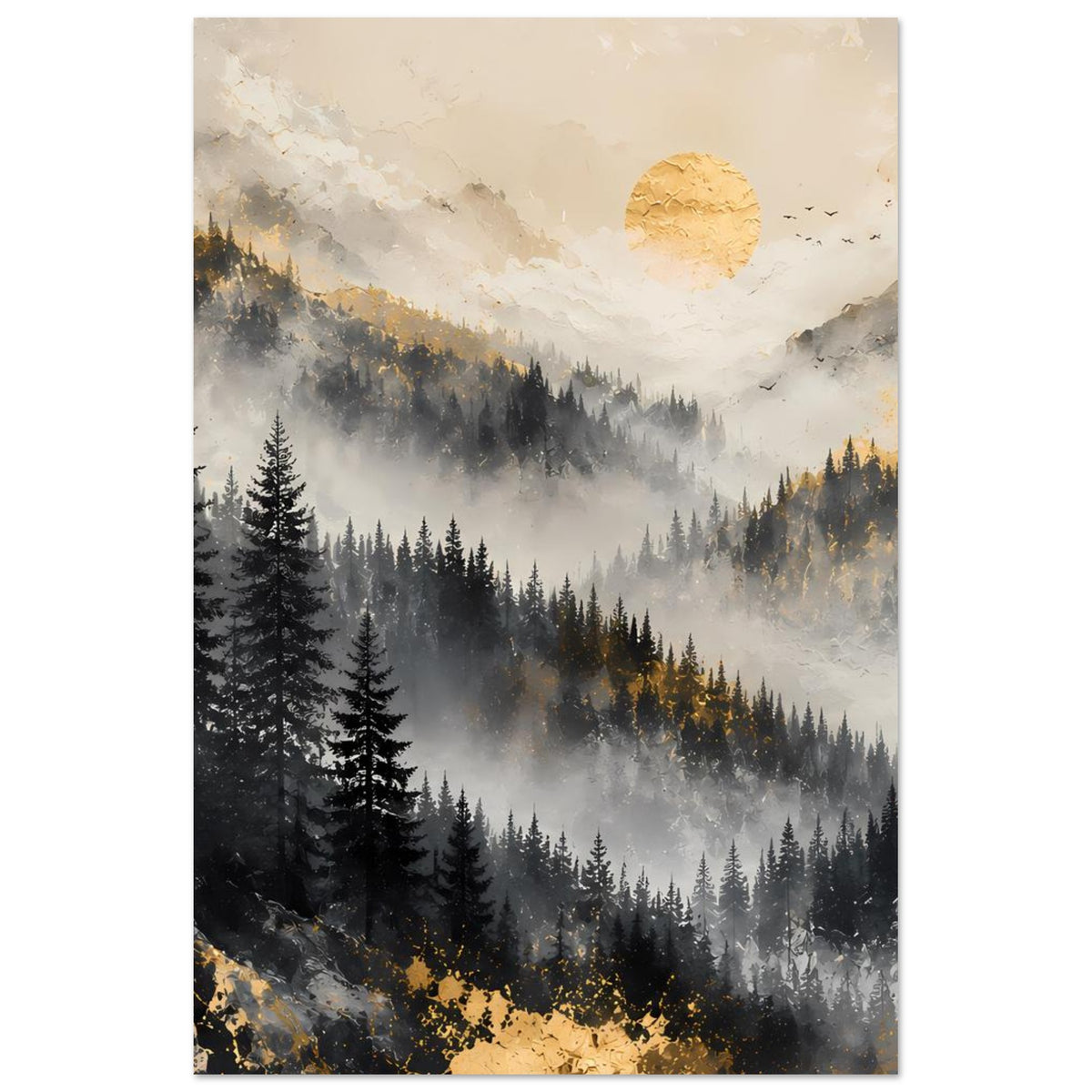 Berglandschaftsposter mit Nebelschwaden, Tannen in dunklem Grün und goldener Lichtkante