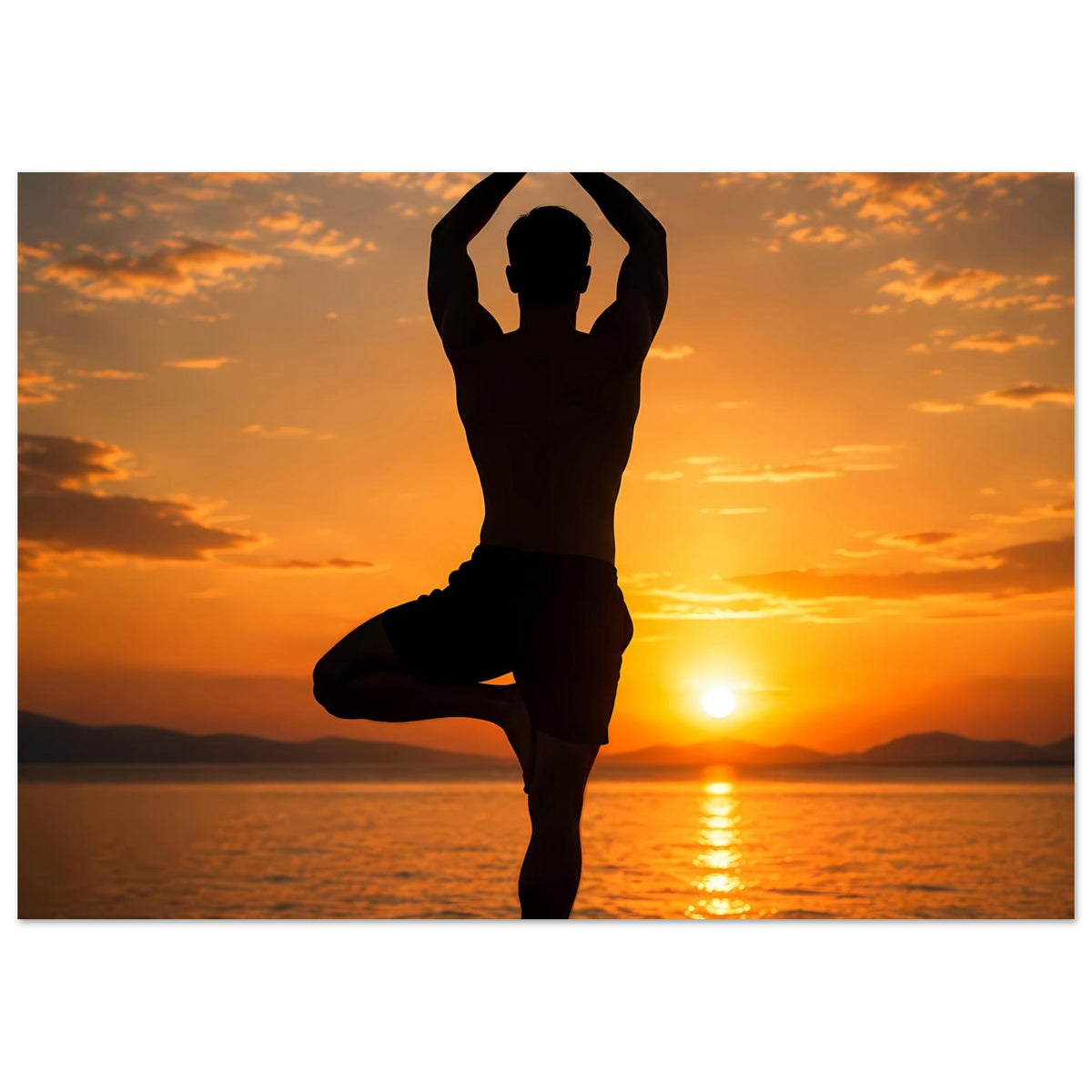 Yoga-Poster mit einbeiniger Silhouette, Armen über dem Kopf, im Sonnenuntergang