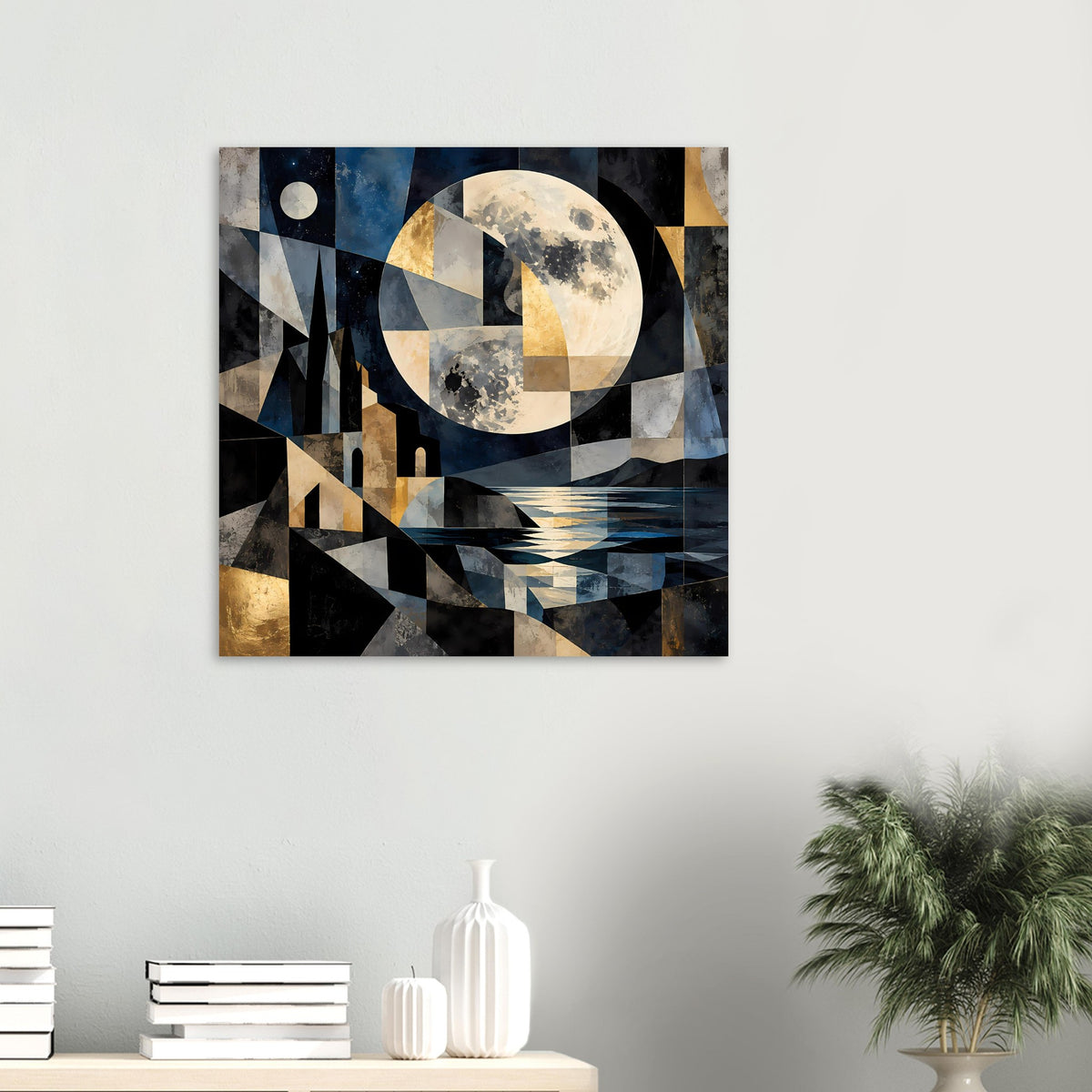 Abstraktes Poster am Wohnzimmer-Wand: Mondmotiv, geometrische Formen in Blau und Gold