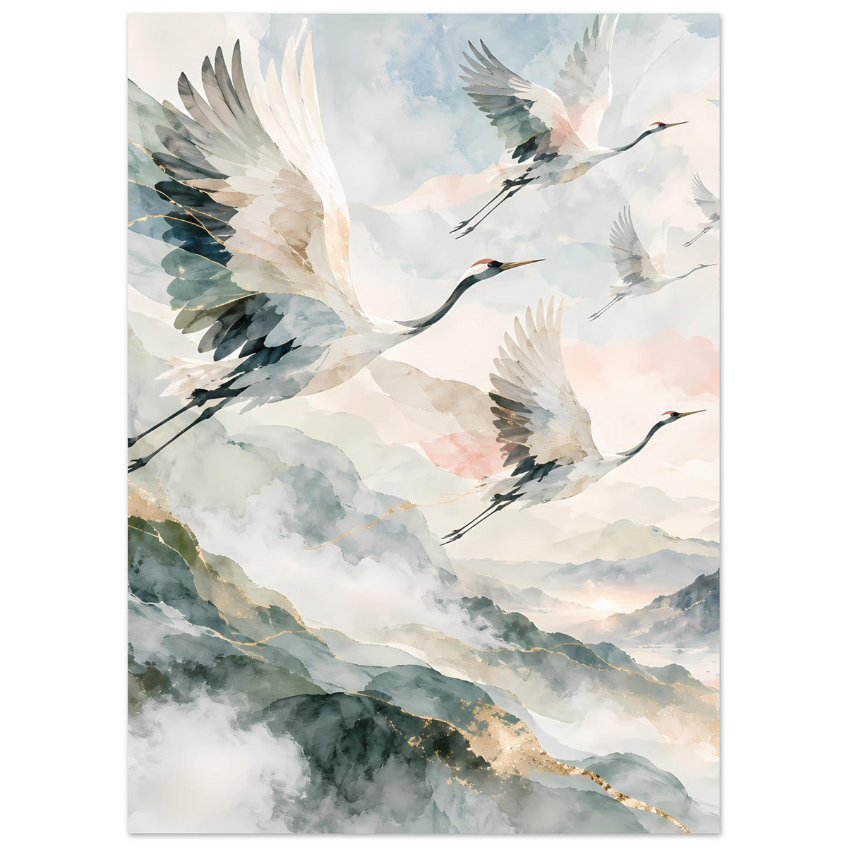 Poster mit großen Kranichen im Flug, aquarellierte Wolken und dezent goldene Linien