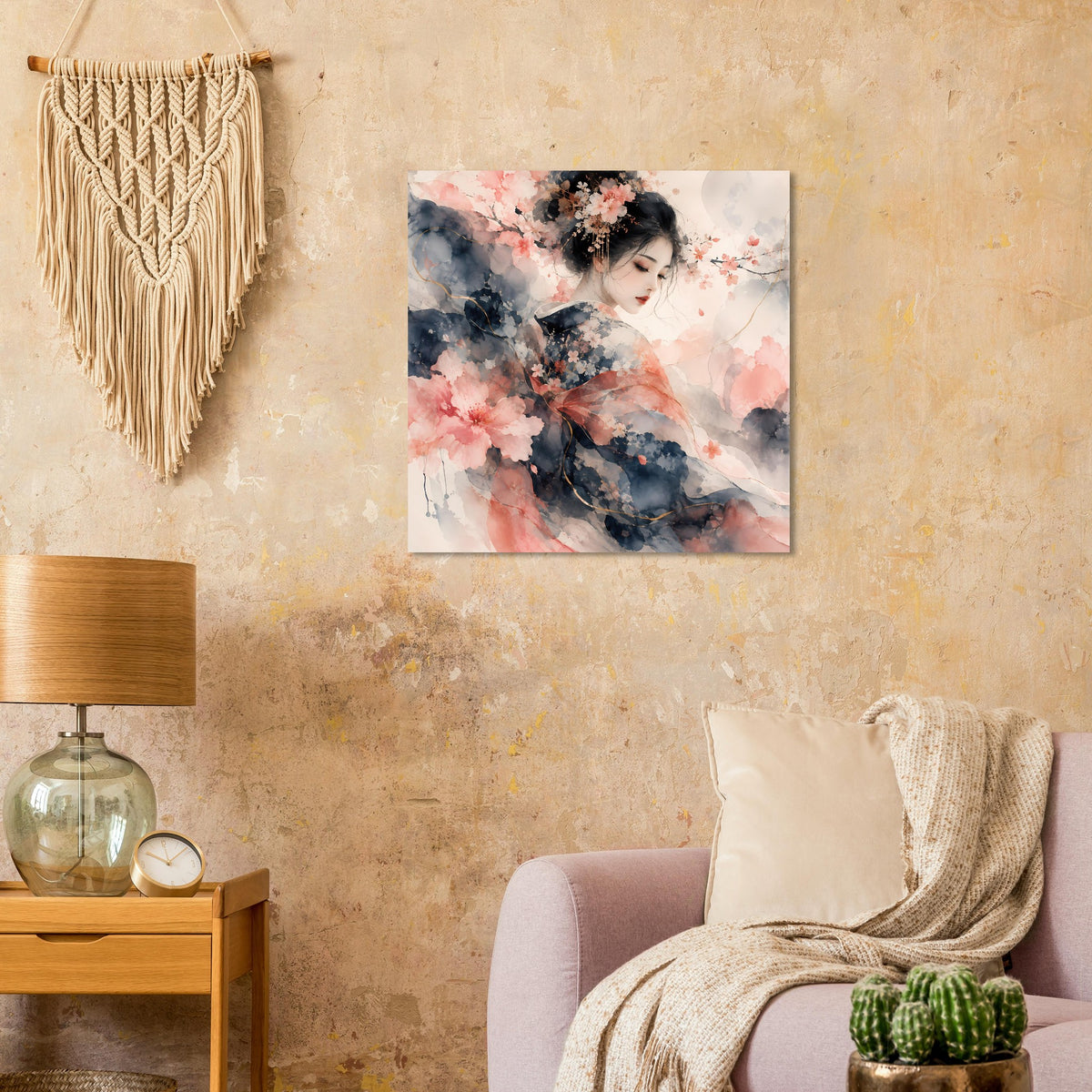 Quadratisches Wandposter mit Aquarellstil: Frau mit Blüten und pastelligen Farbflecken