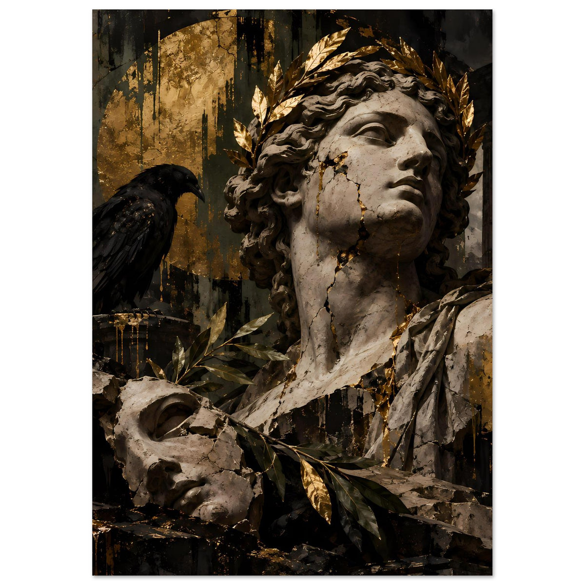 Barockes Poster mit Porträt einer Statue, goldenen Blättern, schwarzer Vogel rechts