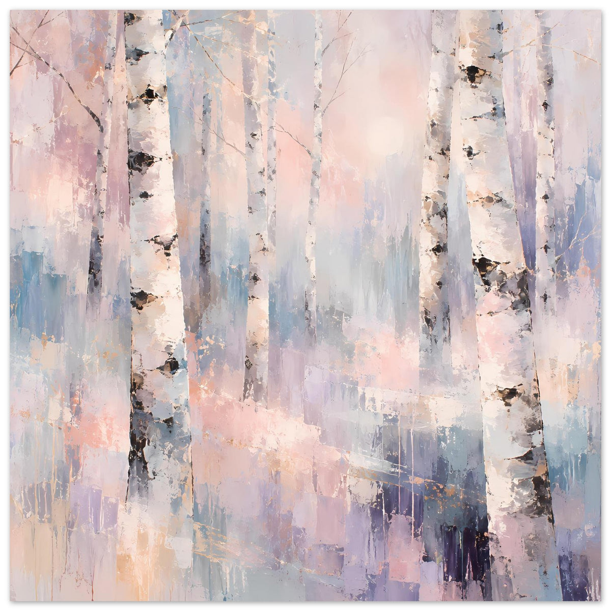 Naturposter Birkenwald in Pastell, Querformat, Birkenstämme überlappend, samtige Farbübergänge