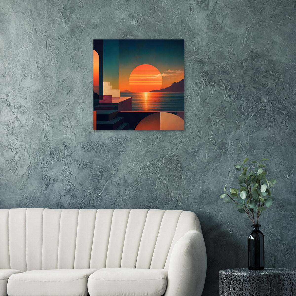 Gerahmter quadratischer Kunstdruck mit Sonnenuntergang am Meer, orange Farbverlauf und Silhouetten