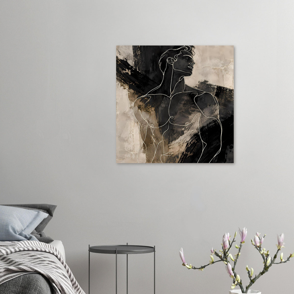 Kleines Poster an der Wand: Linien-Silhouette eines Mannes, schwarz-grau auf Beige