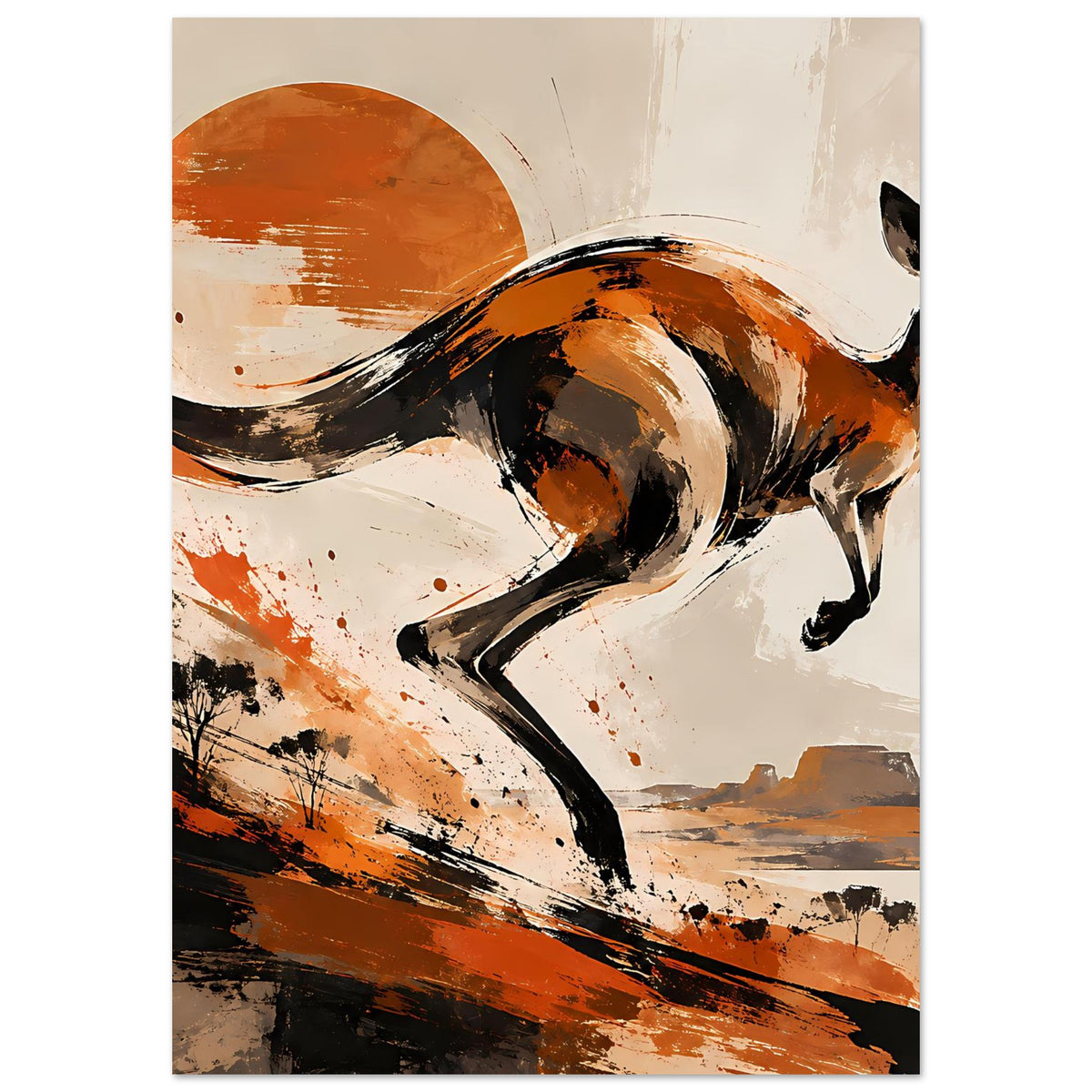 Vertikales Känguru-Tierposter mit orange-braunen Farbflächen und schwarzem Umriss