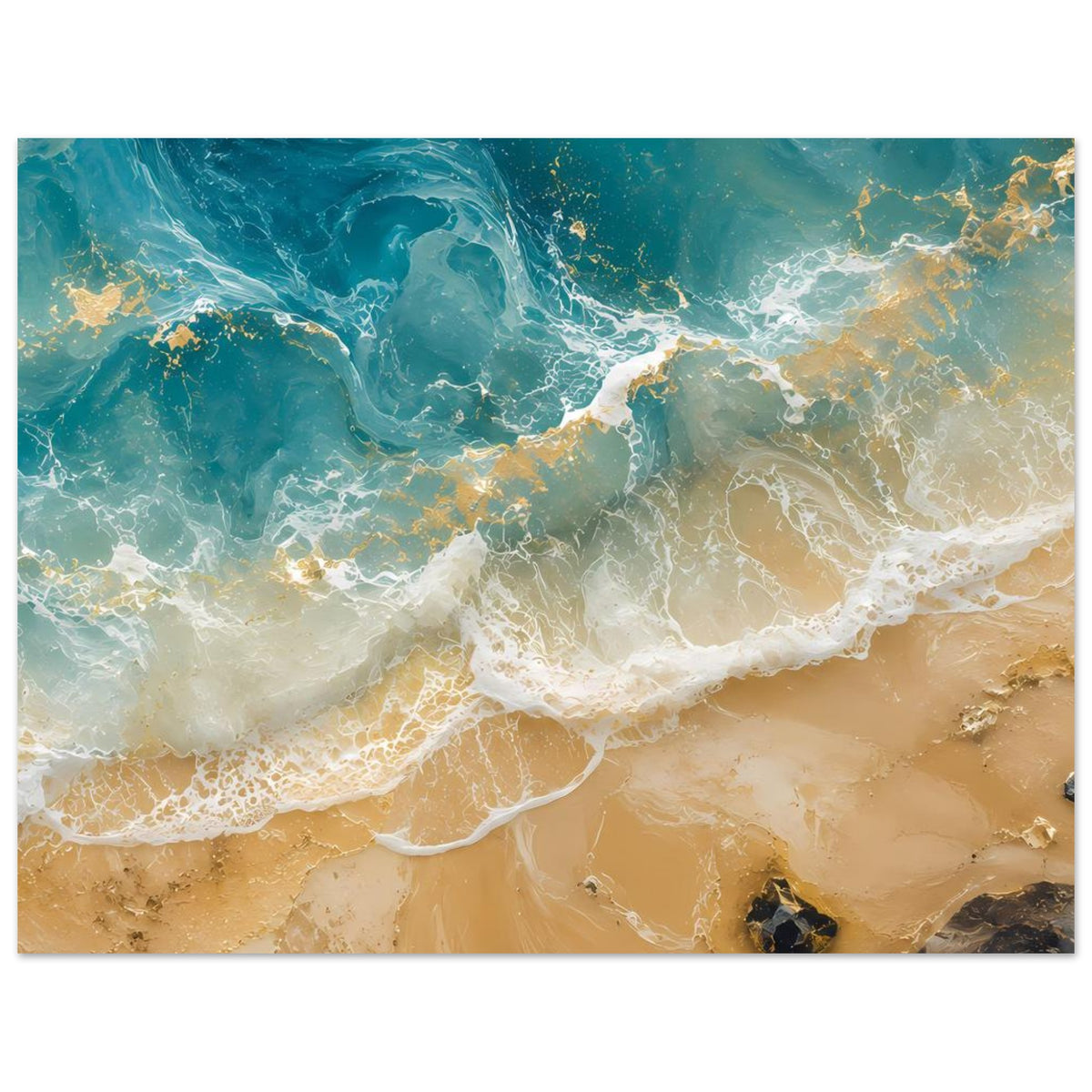 Horizontales Poster: Ozeanwellen über beigem Sand, weißer Schaum, türkisfarbene Wasserflächen