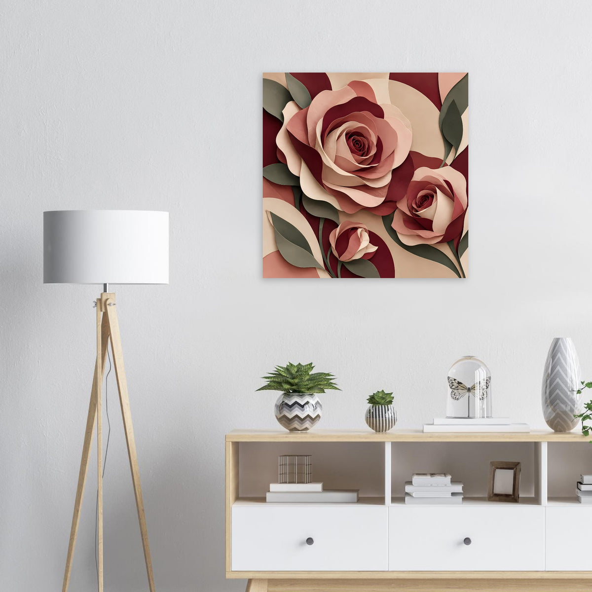 Florales Kunstposter mit Rosen in Burgunder und Rosé, quadratisch