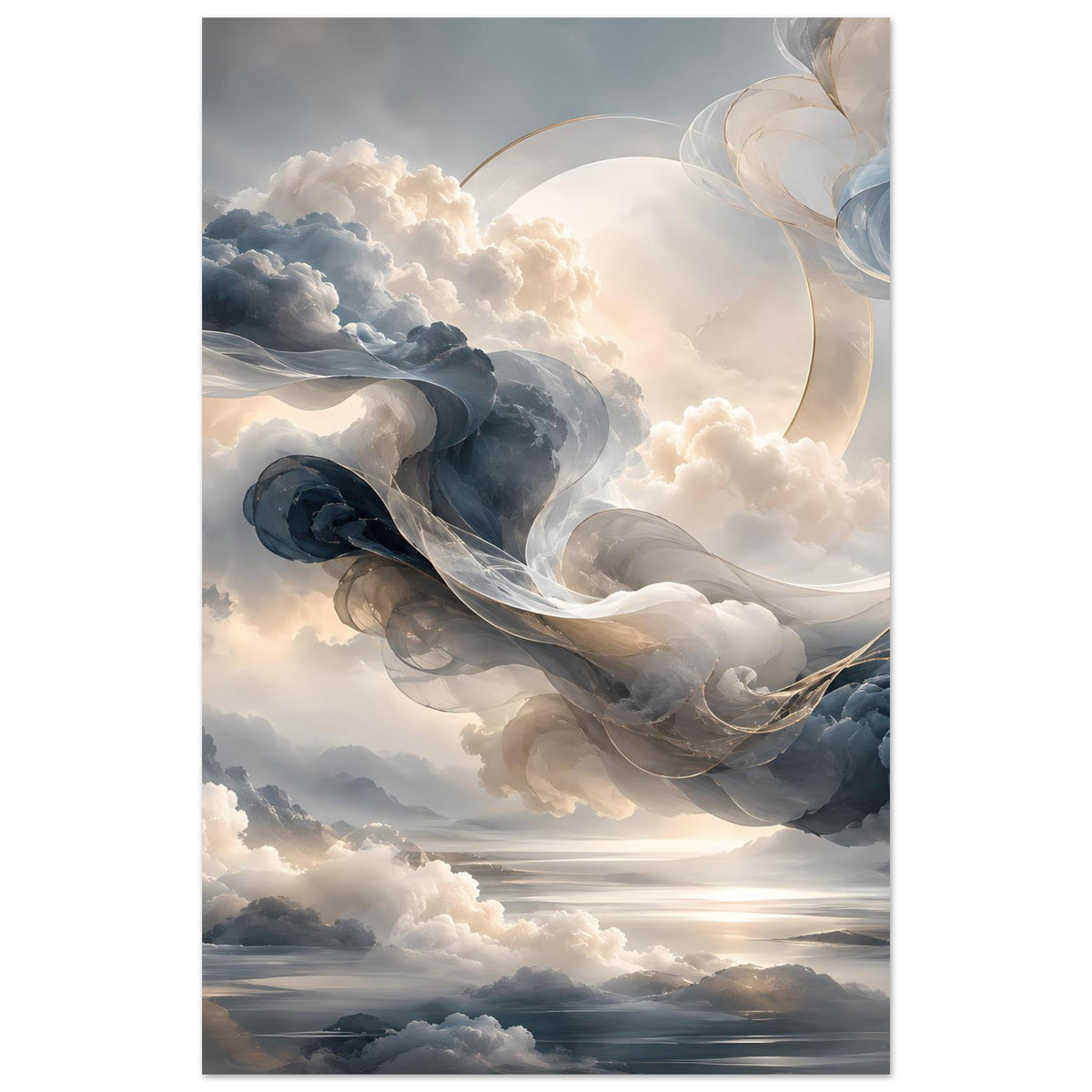 Abstraktes Wolken-Poster: wirbelnde Wolkenbänder, sanfte Blautöne und Lichtkranz