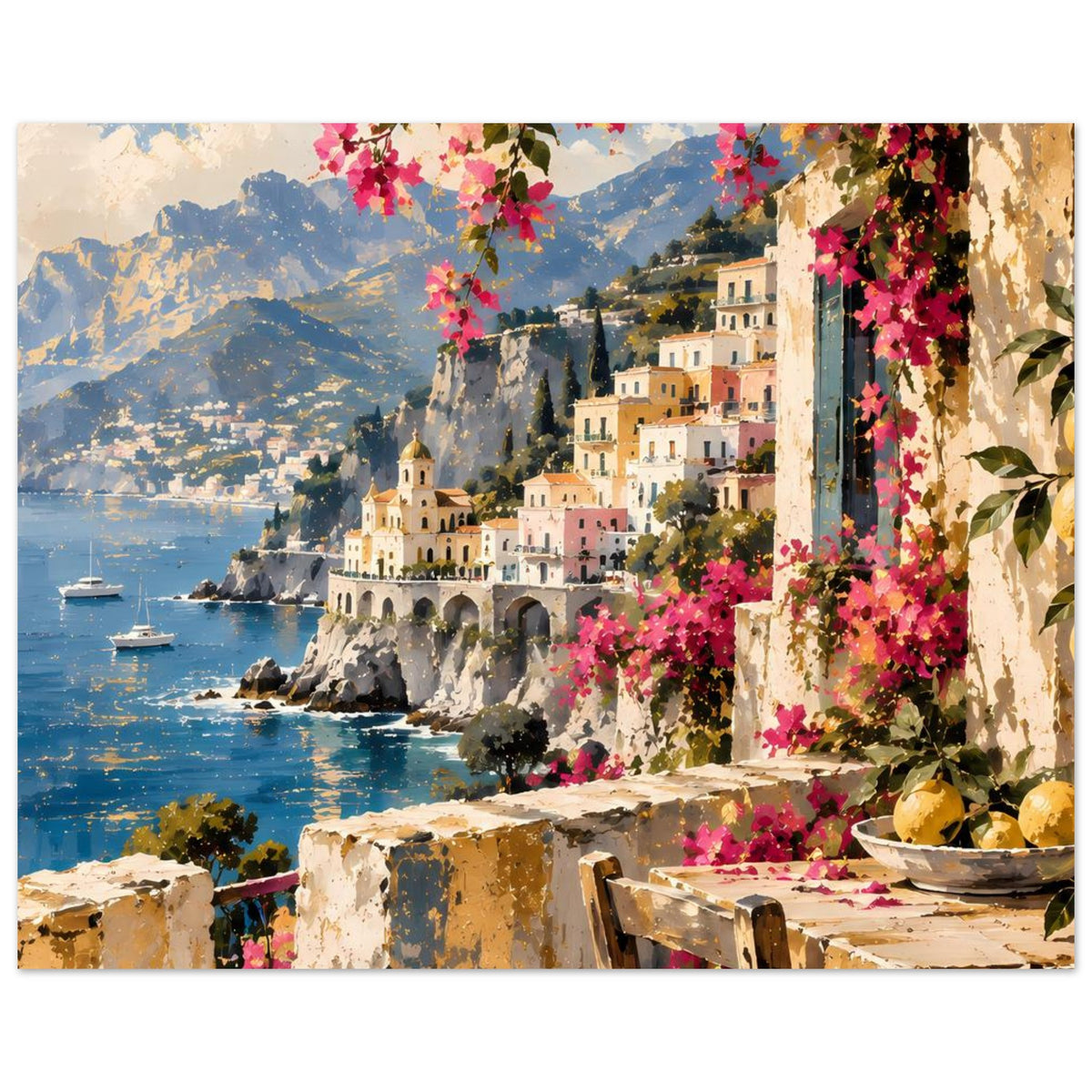 Mediterranes Küstenposter im Querformat mit Yachten, Küstenfelsen, pinken Blüten