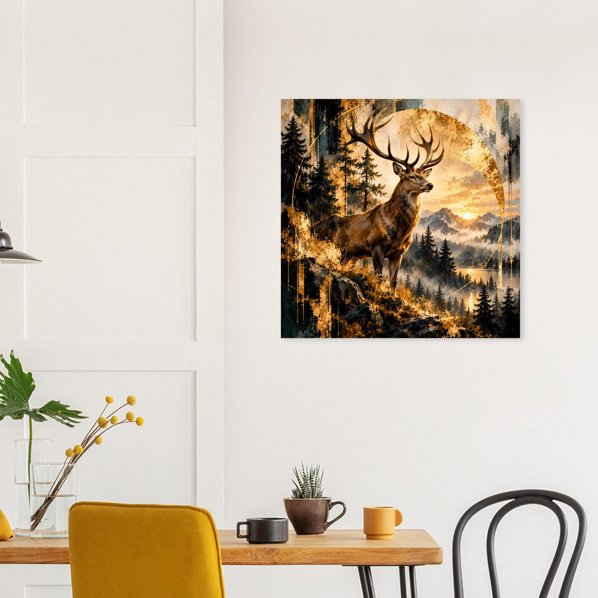 Poster mit Hirsch und Tannenwald, goldenes Licht beim Sonnenuntergang