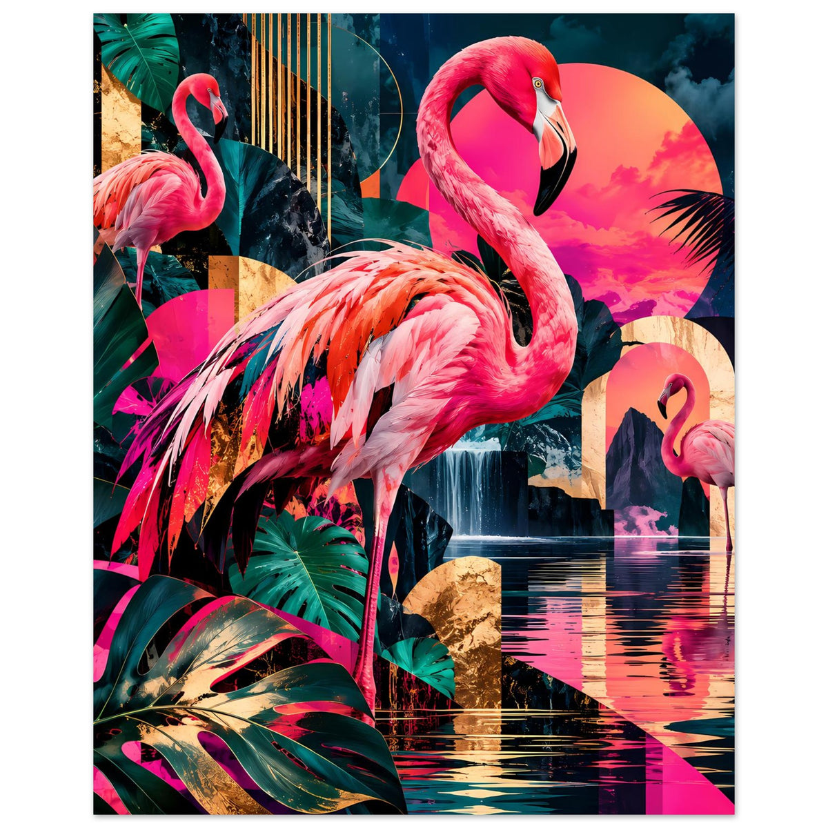 Flamingo-Poster mit tropischer Farbwelt, Flamingos und Palmen, im Hochformat