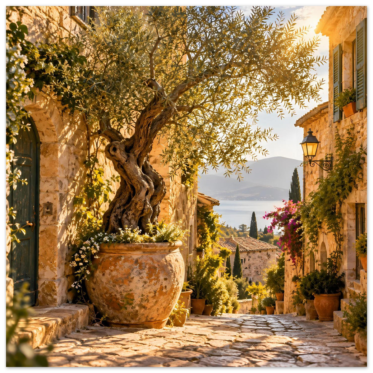 Poster mit mediterraner Gasse: Olivenbaum im Topf und Laterne an der Wand