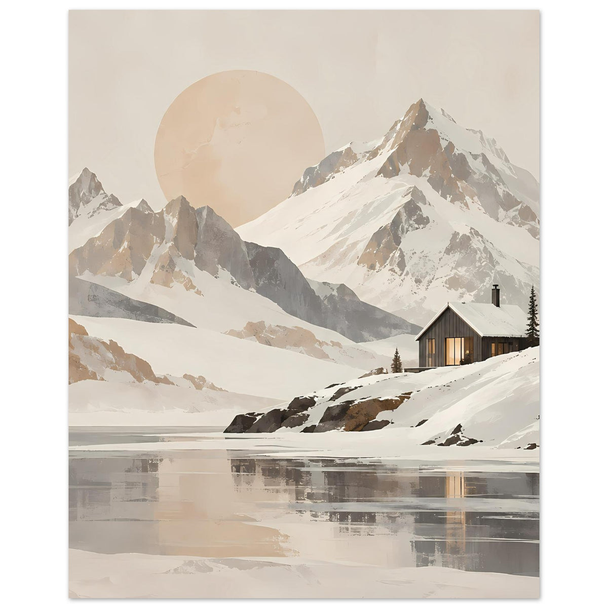 Wandposter im Hochformat: verschneite Berge, Hütte im Tal, Tannen und runde Himmelsfläche
