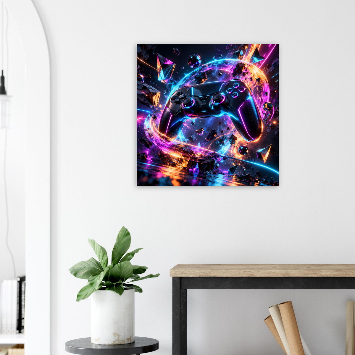 Poster mit futuristischem Gaming-Controller in Neonverlauf und Lichtstrahlen