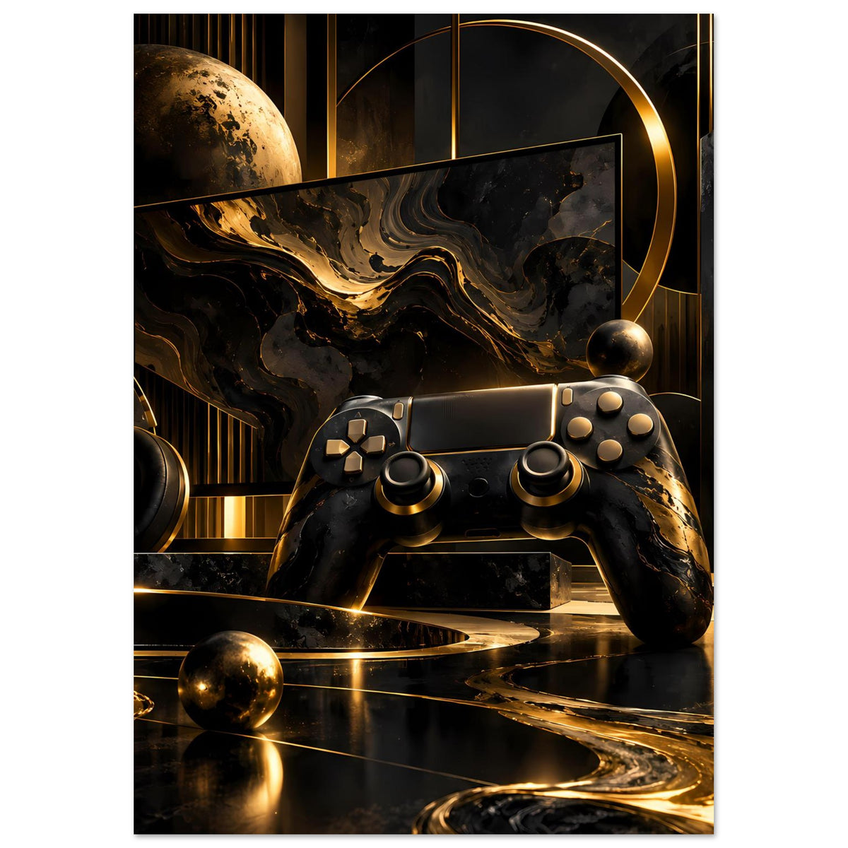 Gaming-Poster: Gamecontroller, runde Planetenkugel und goldene Lichtlinien auf schwarzem Motiv
