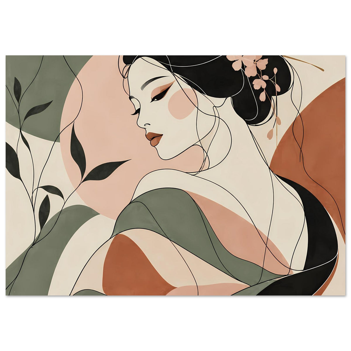 Zen-Poster, seitlich zugeschnitten: Geisha im Profil mit schwarzem Haar und rosa Blumen