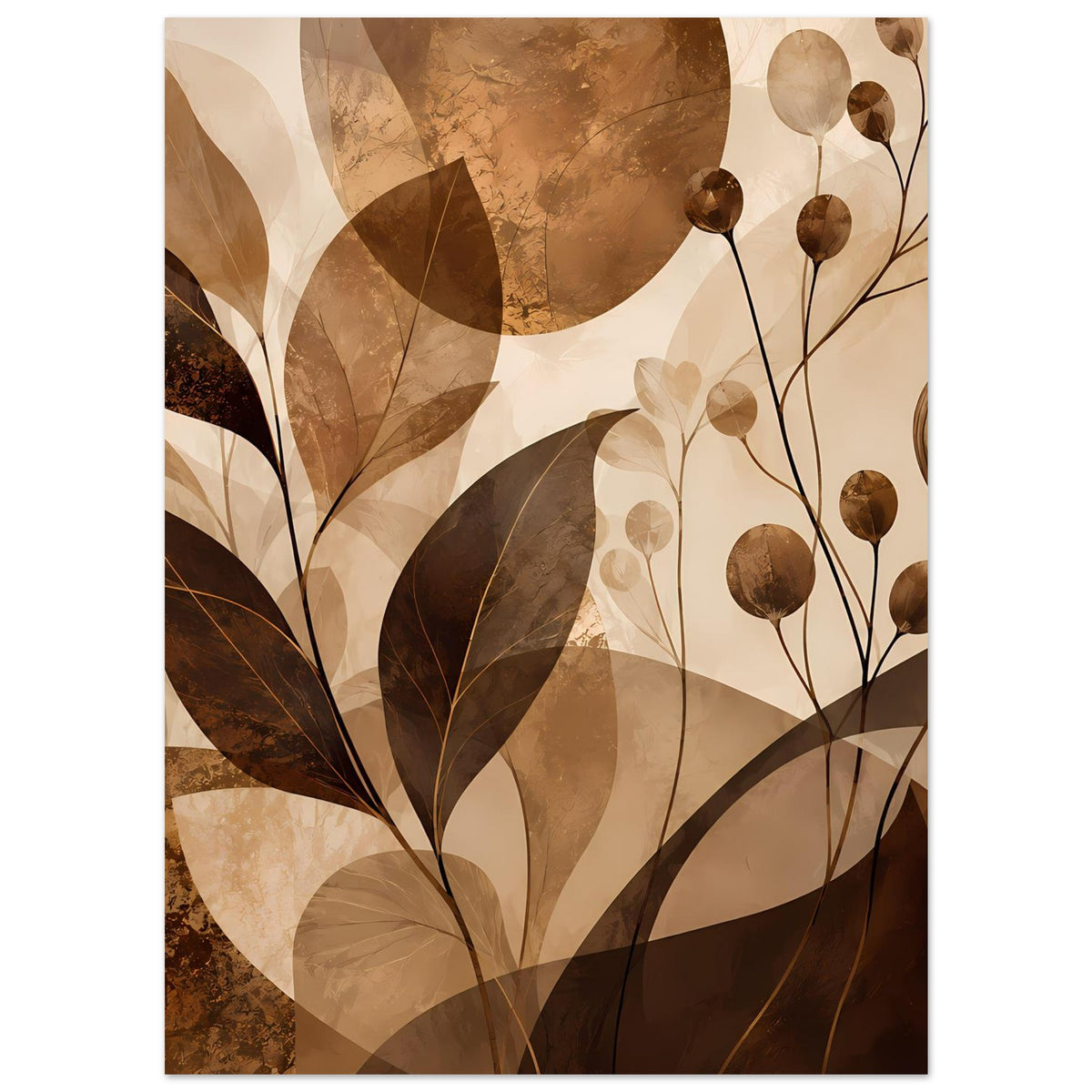 Blumenposter mit Blättern und kugeligen Blüten an Stielen, gedeckte Braun- und Beigetöne