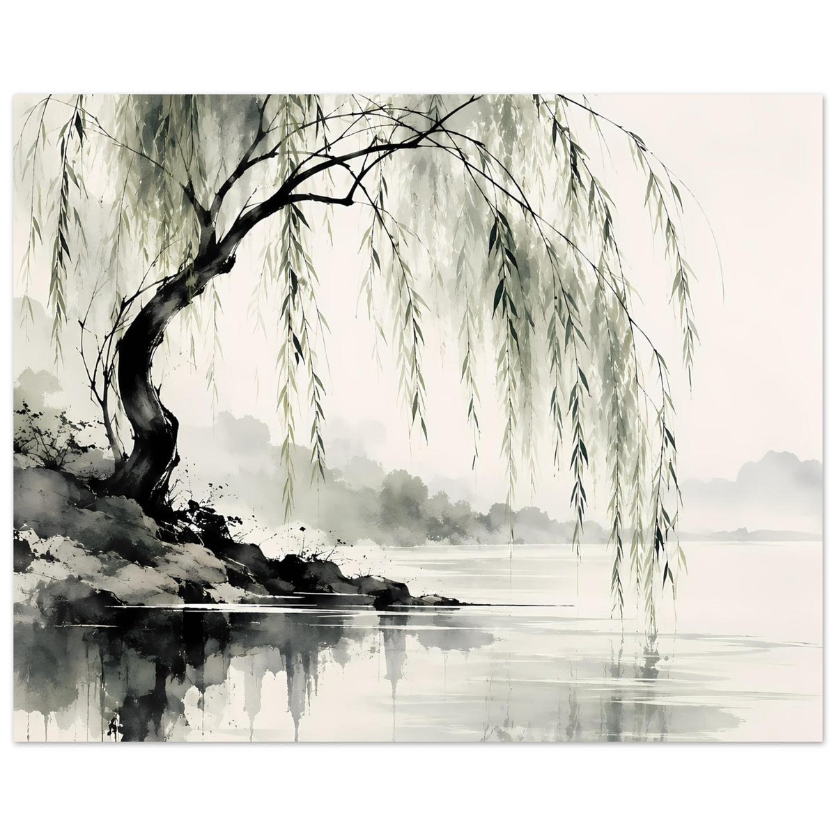 Naturposter mit Weidenbaum und hängenden Zweigen, Wasserflächenverlauf und Reflexion