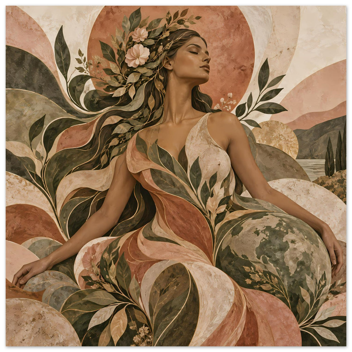 Kunst-Poster im Querformat mit Frau im Blumen- und Blätterdesign in warmen Erdtönen