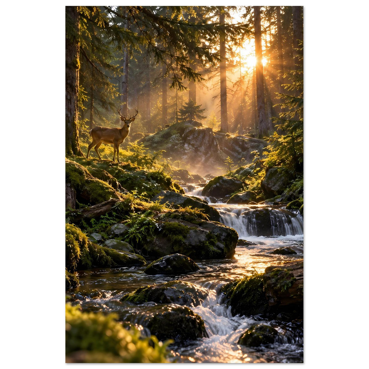 Vertikales Landschaftsposter: Reh im Wald mit Sonnenstrahlen über Bach und Wasserfällen.