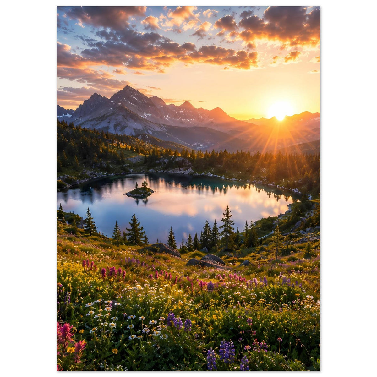 Wandposter im Hochformat mit Sonnenuntergang, Bergsee, Tannen und Blumenwiese