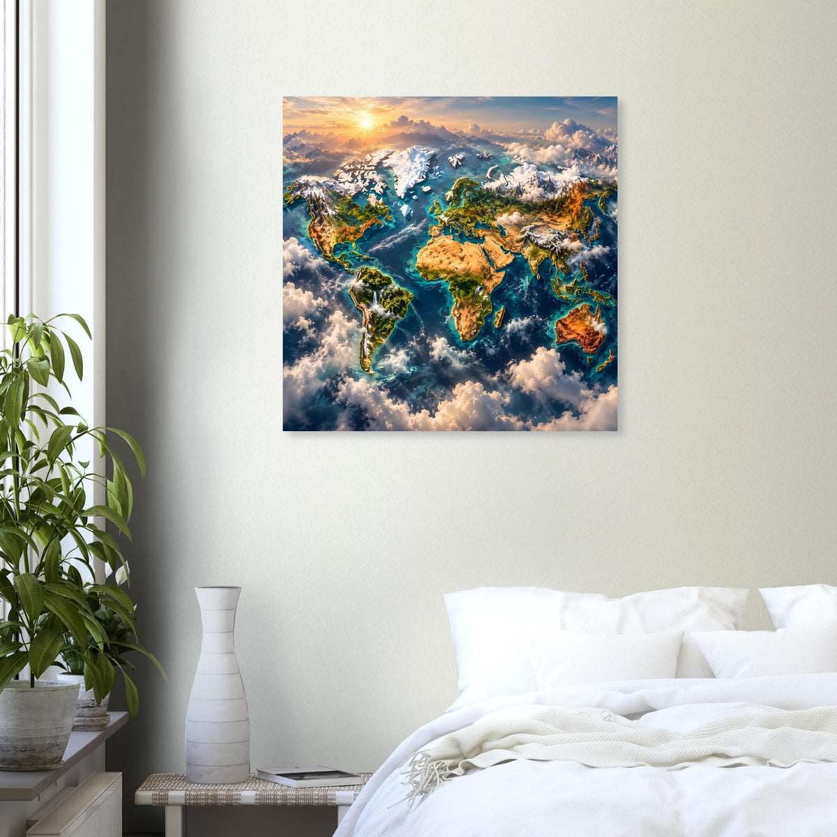 Weltkarten-Poster mit farbiger Weltkarte und Sonnenaufgang über den Kontinenten, quadratisch