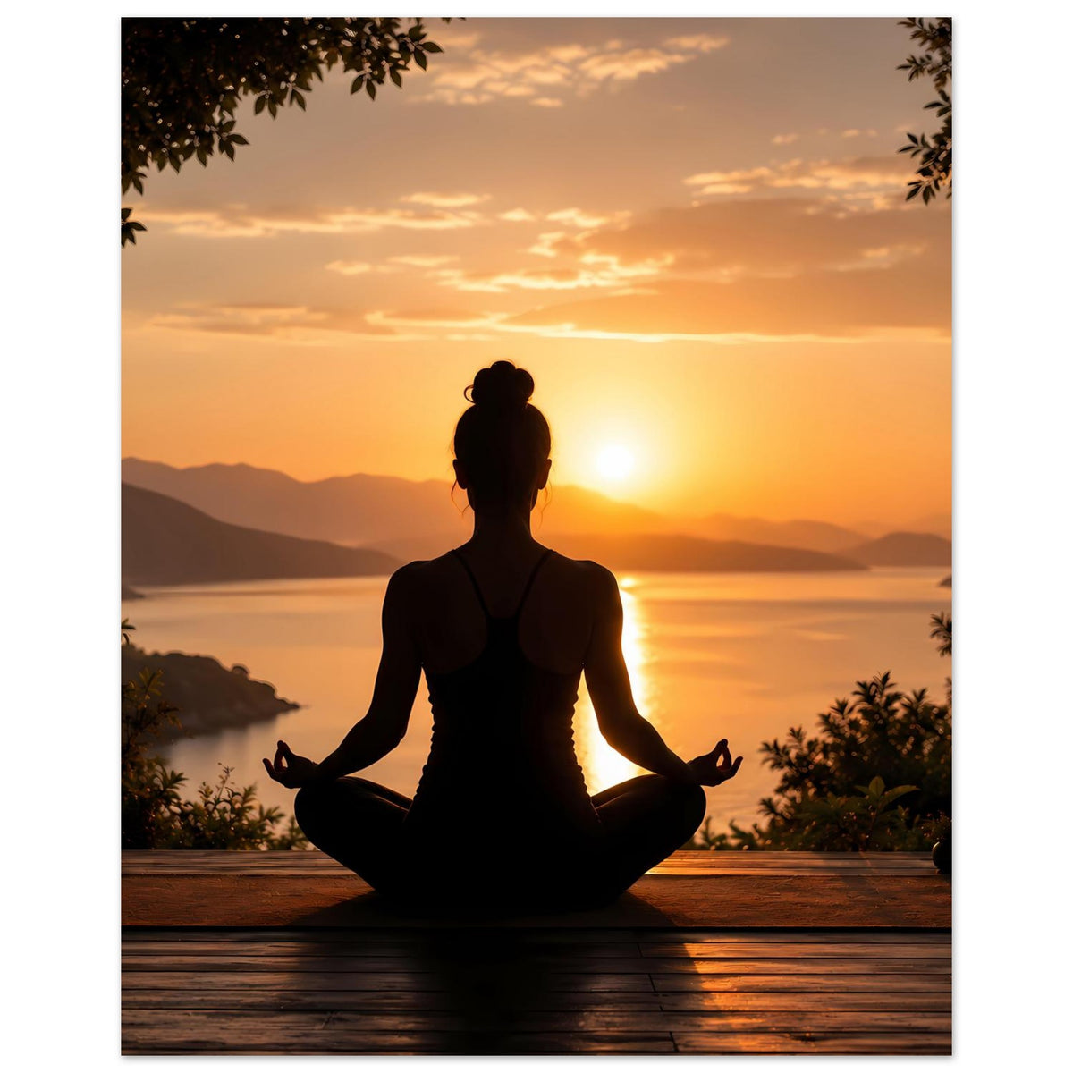 Vertikales Meditationsposter zum Sonnenuntergang: sitzende Yoga-Silhouette im Lotussitz