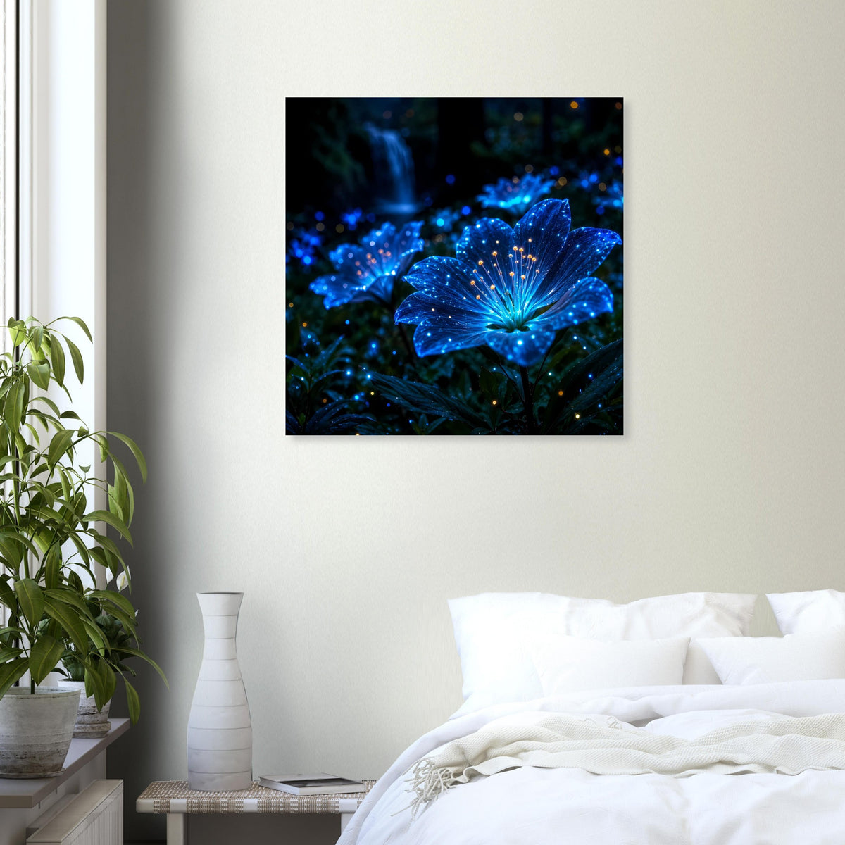 Gerahmtes Poster mit leuchtender blauer Blüte im Vordergrund und Lichterpunkten