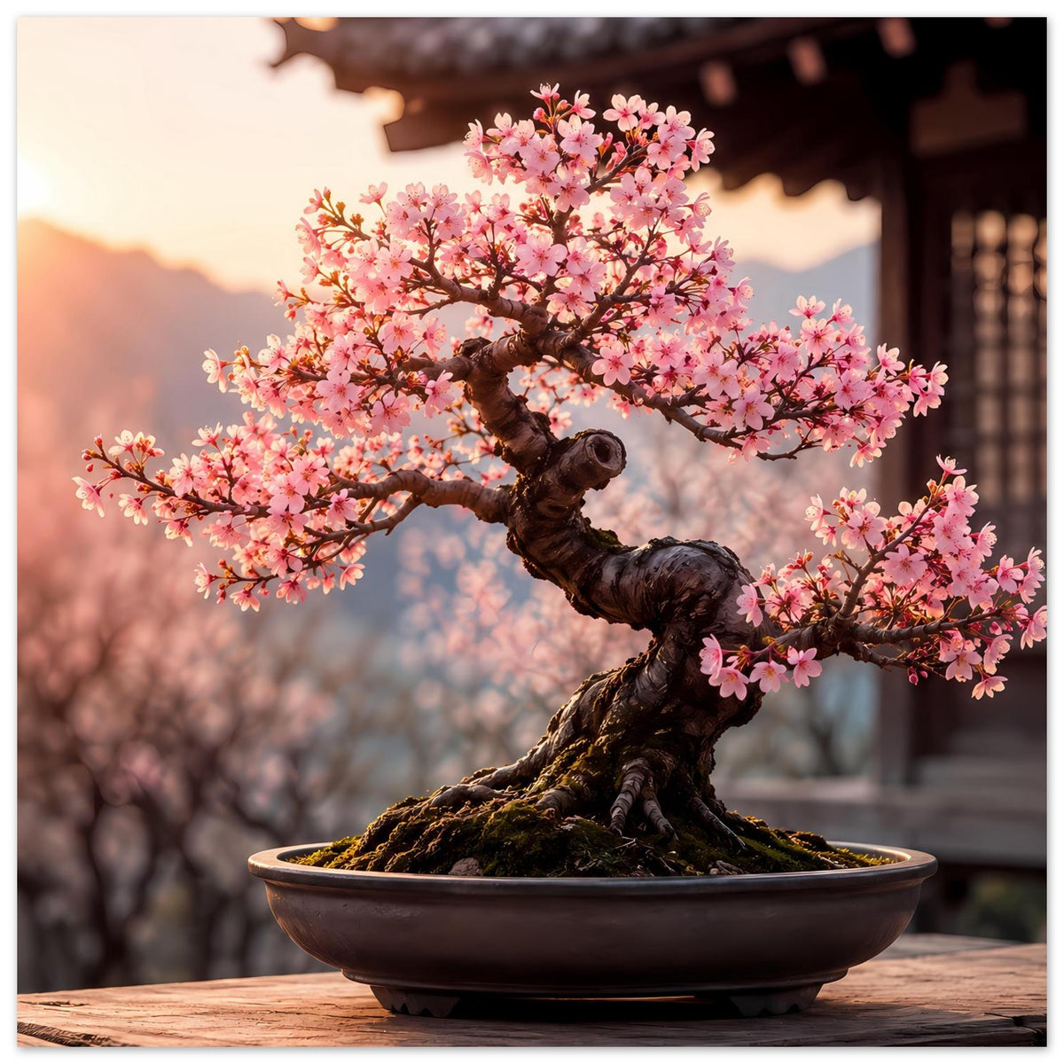 Bonsai-Kunstdruck: rosa Blüten am Bonsai über dunkler Schale, vertikal
