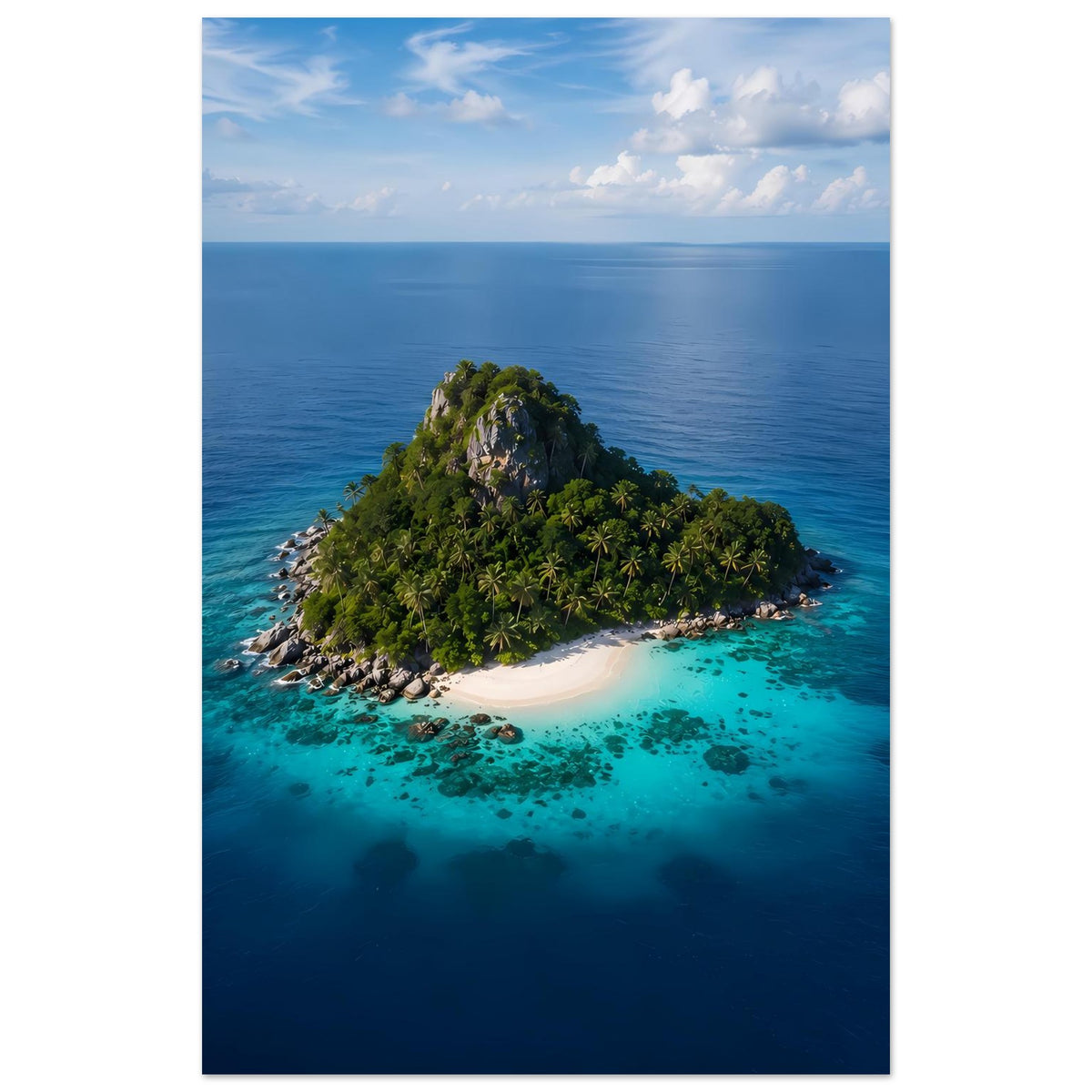 Poster einer tropischen Insel: kompakte Insel mit Dschungel, hellem Strand, blaues Wasser