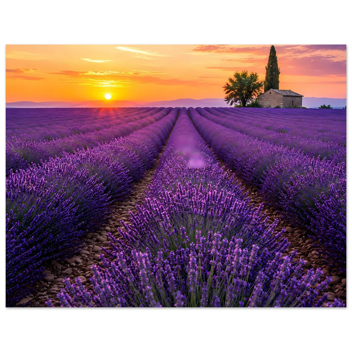 Horizontales Poster: Lavendelfeld bei Sonnenuntergang, lila Blüten und gelbe Sonne