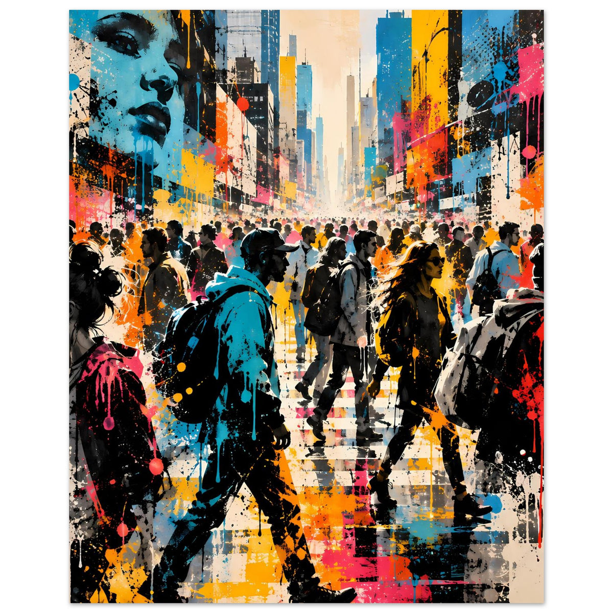Street-Art-Poster mit großen Figuren im Vordergrund, farbiges Graffiti-Muster, Hochformat