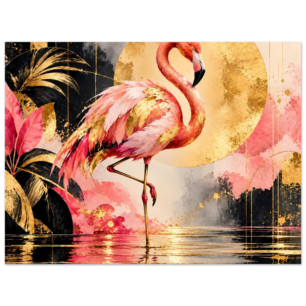 Tierposter mit Flamingo in Pink und Goldakzenten, goldene Kreisform und Farbspritzer