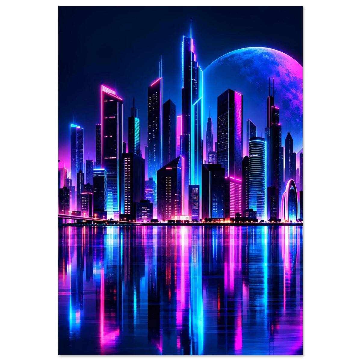 Neon-Stadtlandschaft Poster, senkrecht: futuristische Gebäude, Mondschein und farbige Reflexe