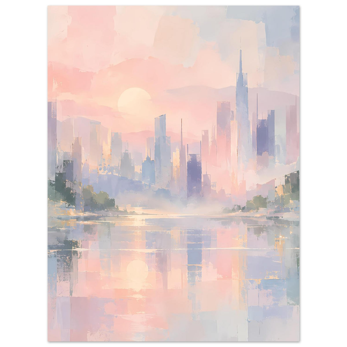 Abstraktes Poster mit pastellfarbener City-Skyline und spiegelndem Wasser, hochformat