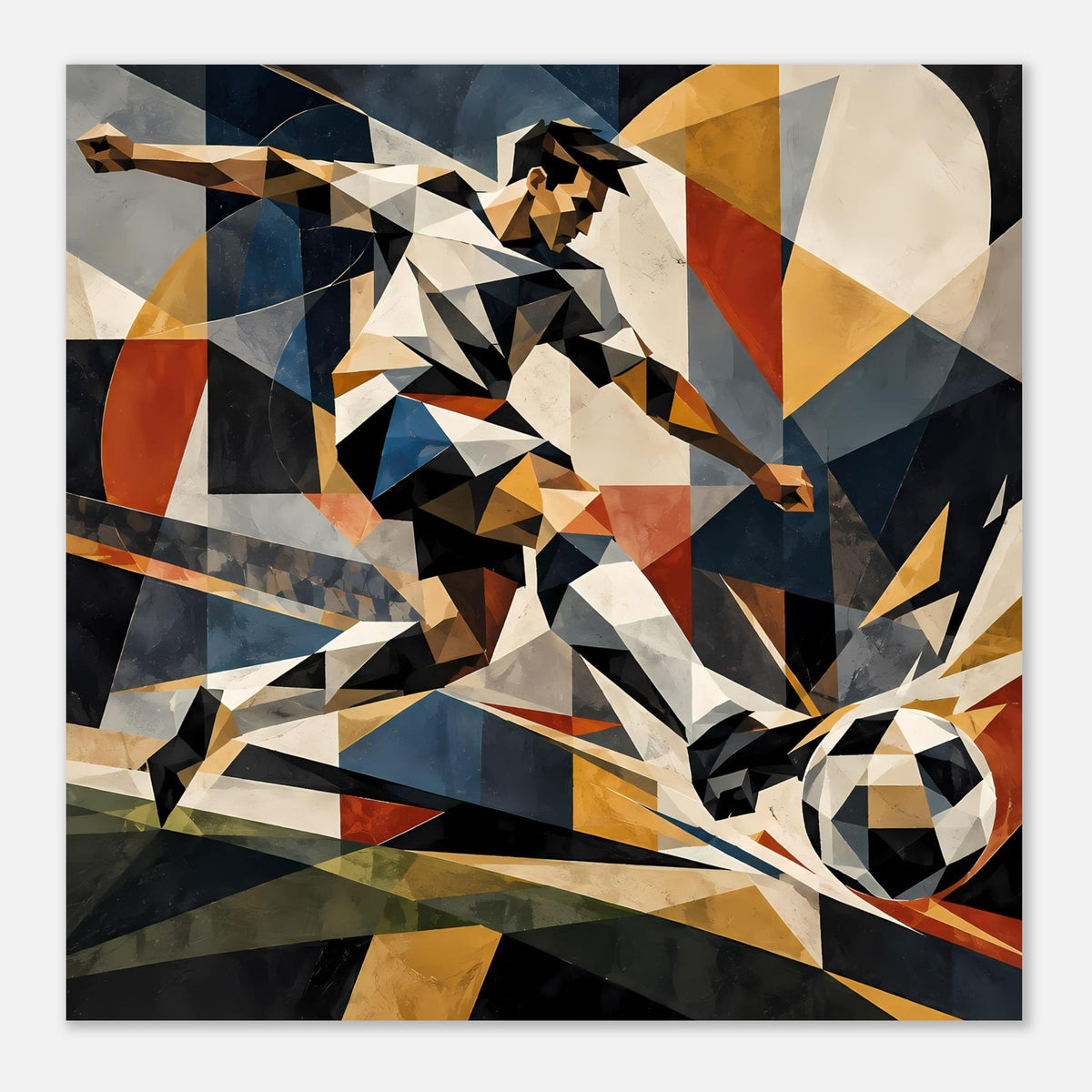 Poster im geometrischen Design mit Fußballspieler, bunte Flächen und markanter Fußball