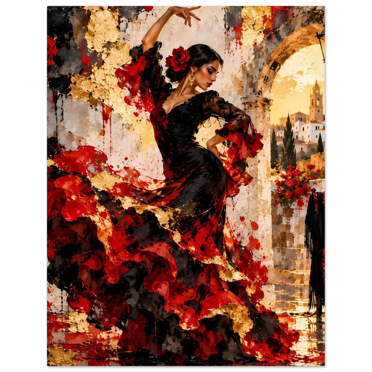 Poster mit Flamenco-Tänzerin in Schwarz und Rot, zentriert, Rock und erhobener Arm