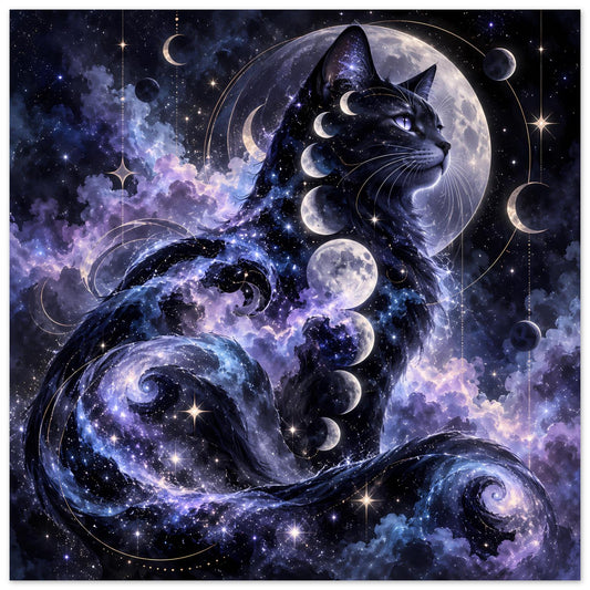 Poster mit schwarzer Katze, großer Mondsichel und Sternen, kosmisches Planet-Motiv