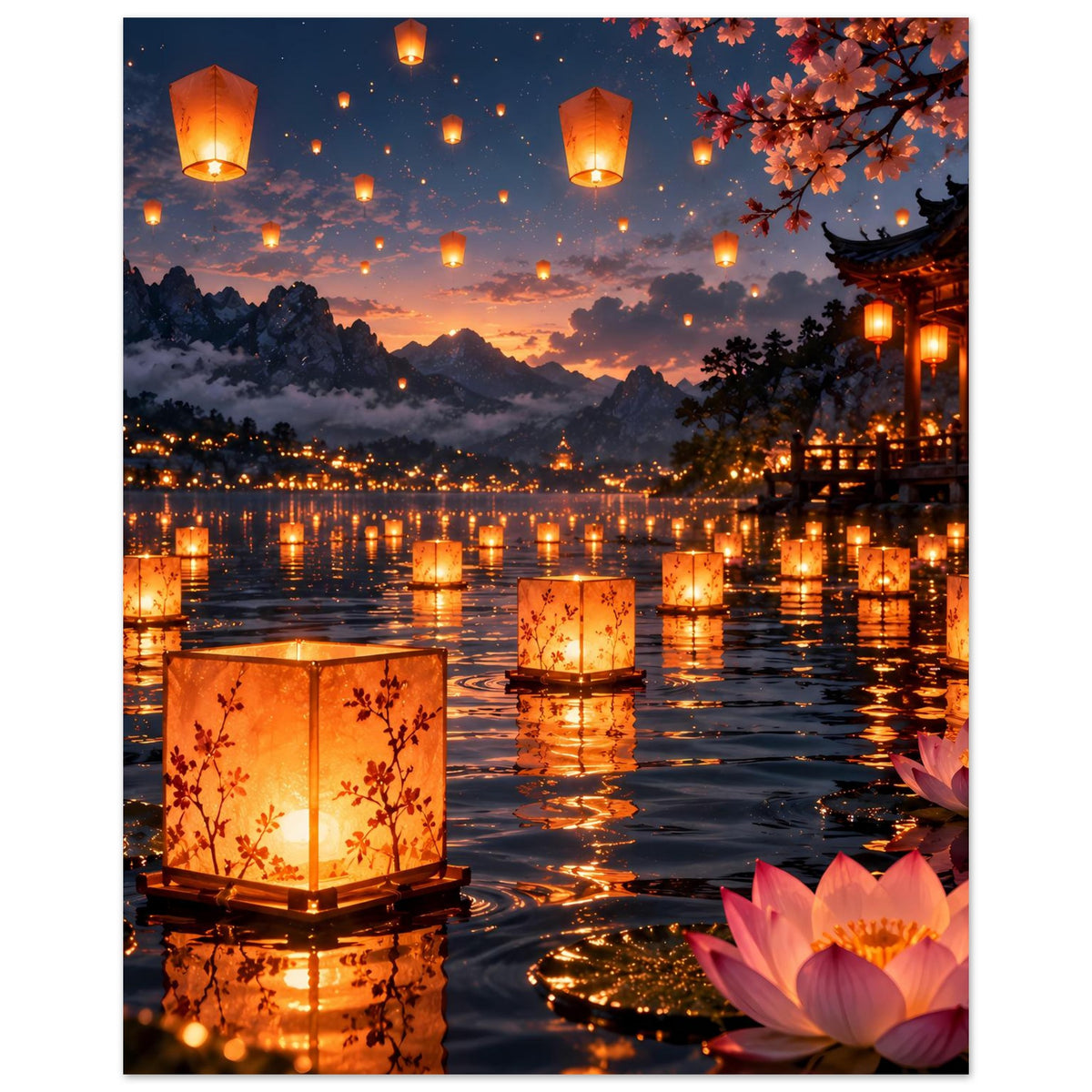 Laternenfest-Poster: leuchtende Laternen im Fluss, Lotusblüten vorn, warme Abendstimmung