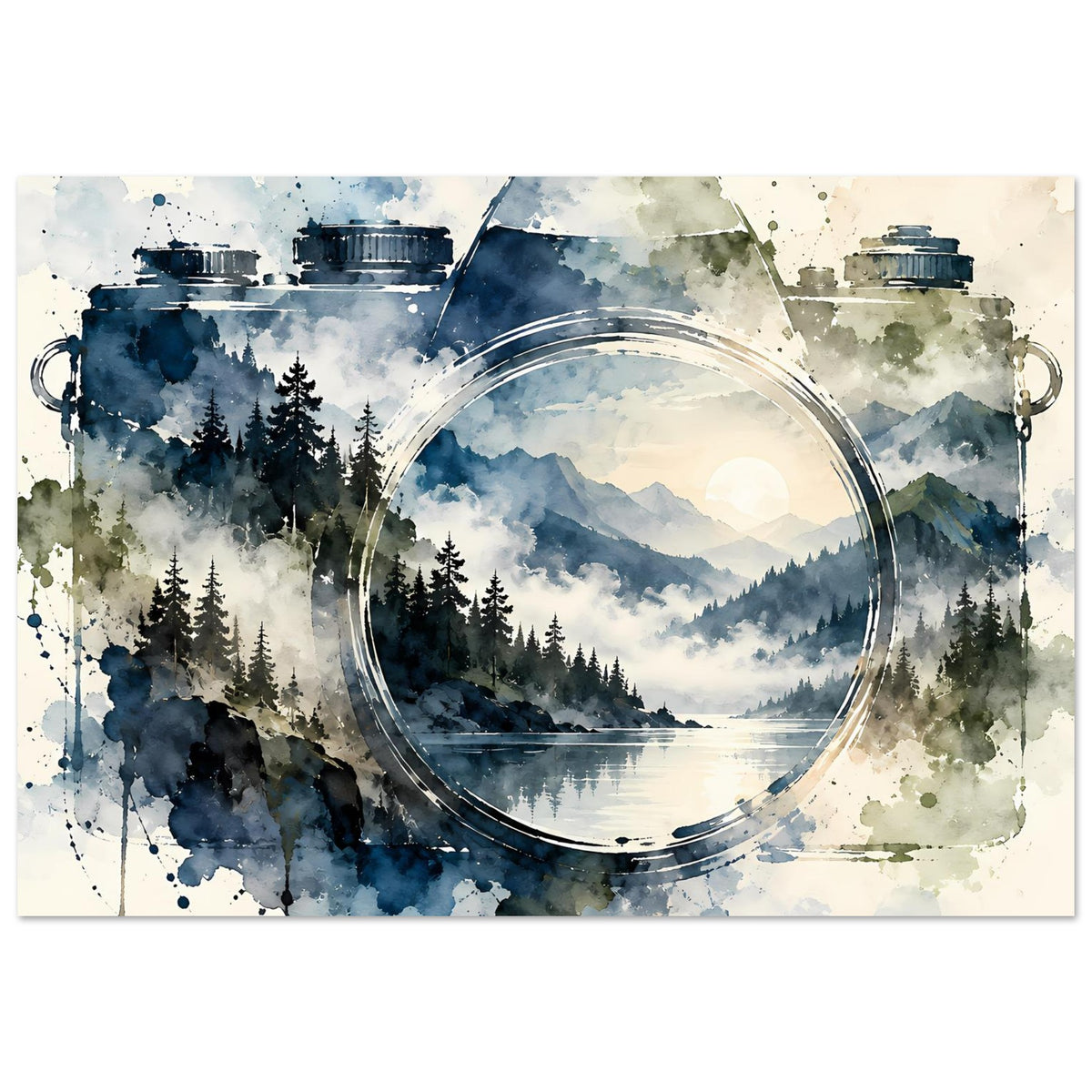 Querformat-Aquarellposter mit Vintage-Kamera, Rundlinse und Bergsee, sichtbar seitliche Griffe
