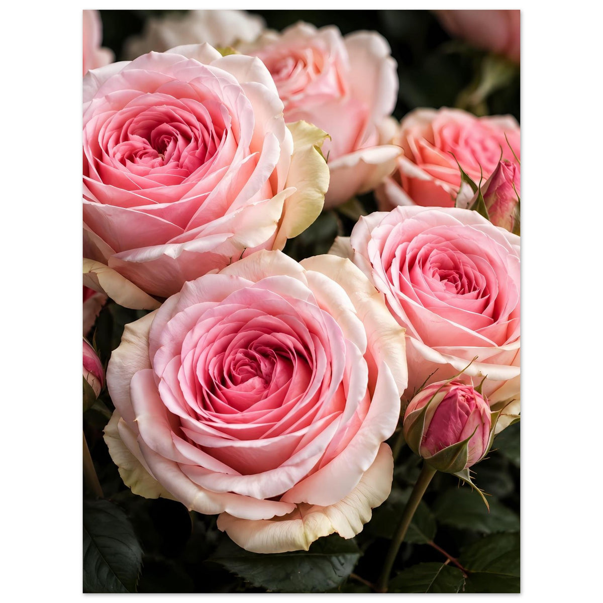 Poster mit rosa-weißen Rosenblüten und grünen Blättern
