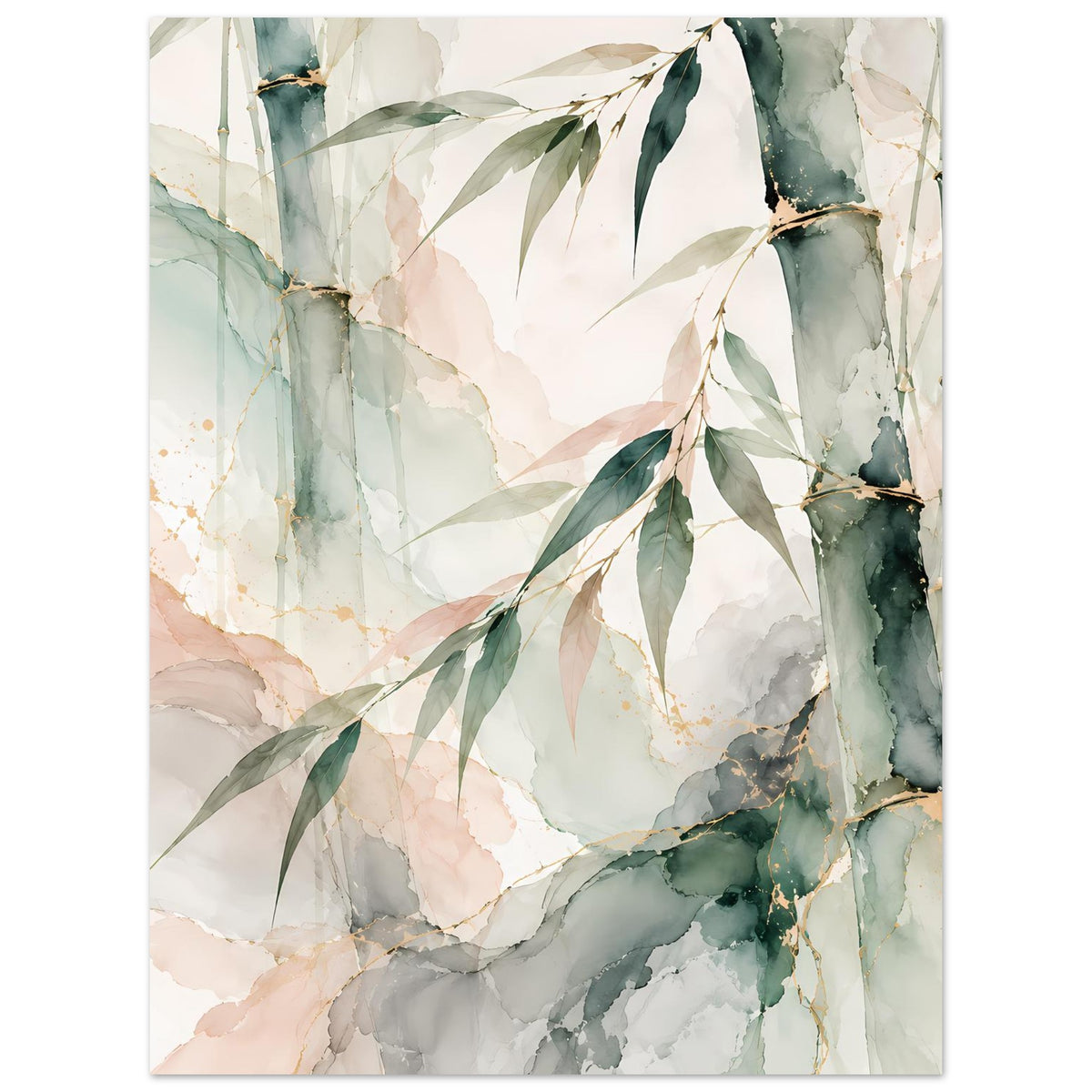 Naturposter mit Bambusblättern und -stämmen im Aquarellstil, sanftes Grün, hochkant