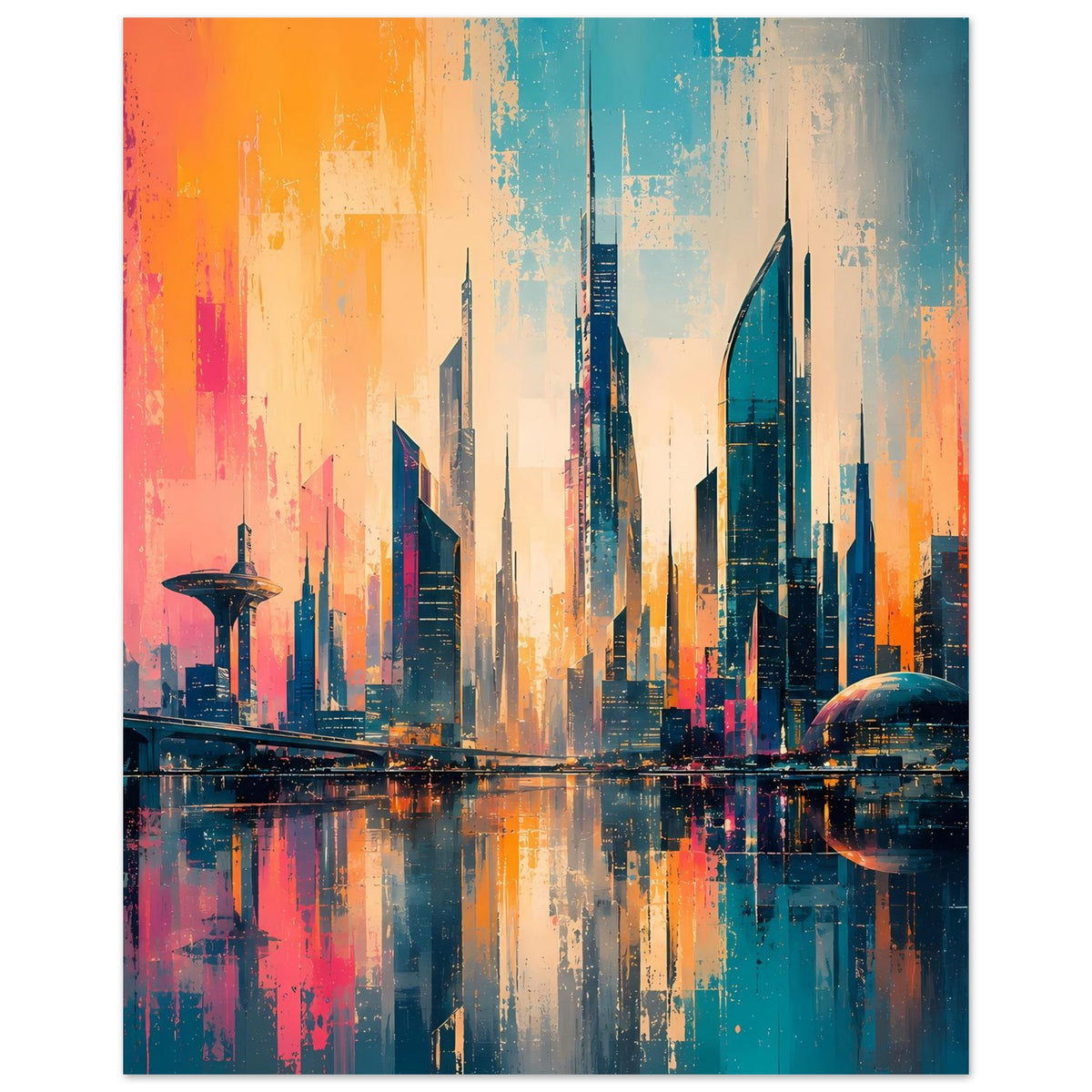 Hochformat-Stadtpanorama-Poster mit futuristischen Türmen, Spiegelungen im Wasser, Orange-Blau-Verlauf.