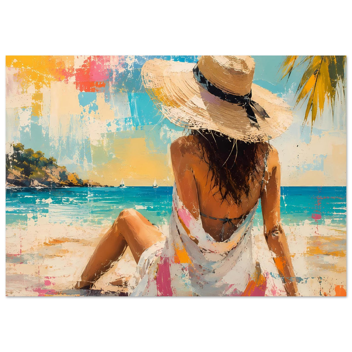 Breites Sommerposter: Frau im Strohhut am Strand, abstrakter Farbverlauf, sitzende Pose
