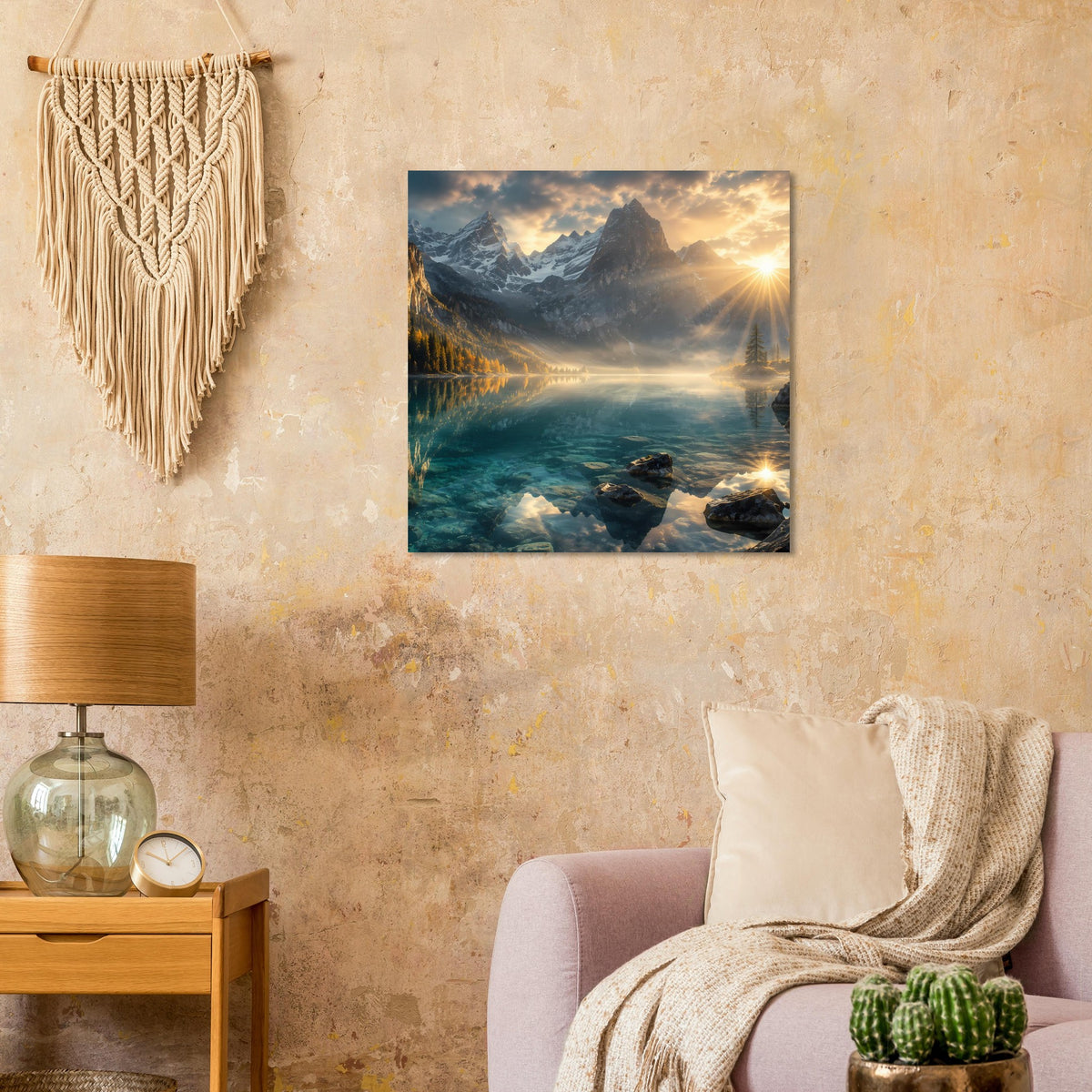 Quadratisches Poster mit Bergsee und Sonnenstrahlen, gerahmt an beiger Wand