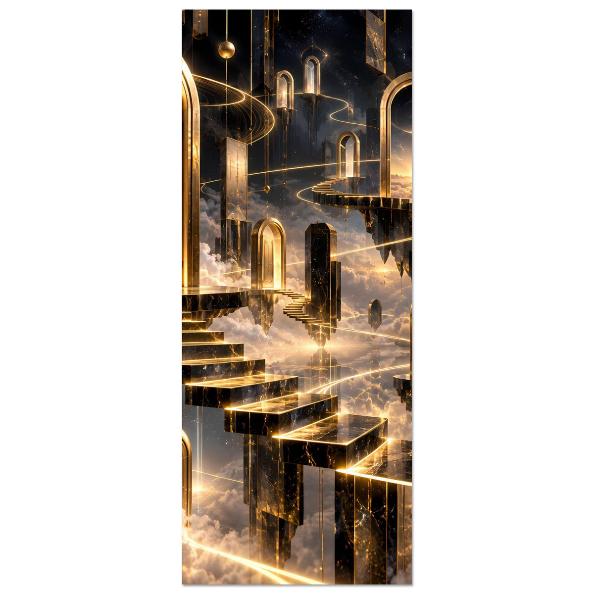 Hochformat-Poster: goldschwarze Fantasy-Architektur mit leuchtenden Stufen und Wolken