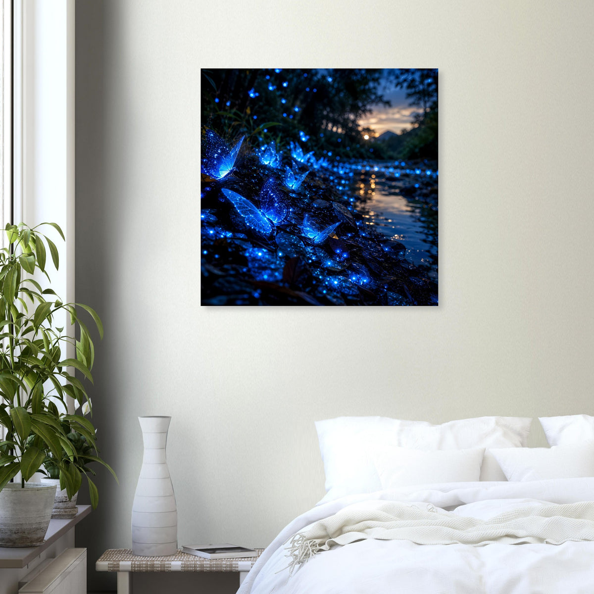 Quadratisches Poster mit blauem Glow-Schmetterlingsmotiv und schimmerndem Lichteffekt