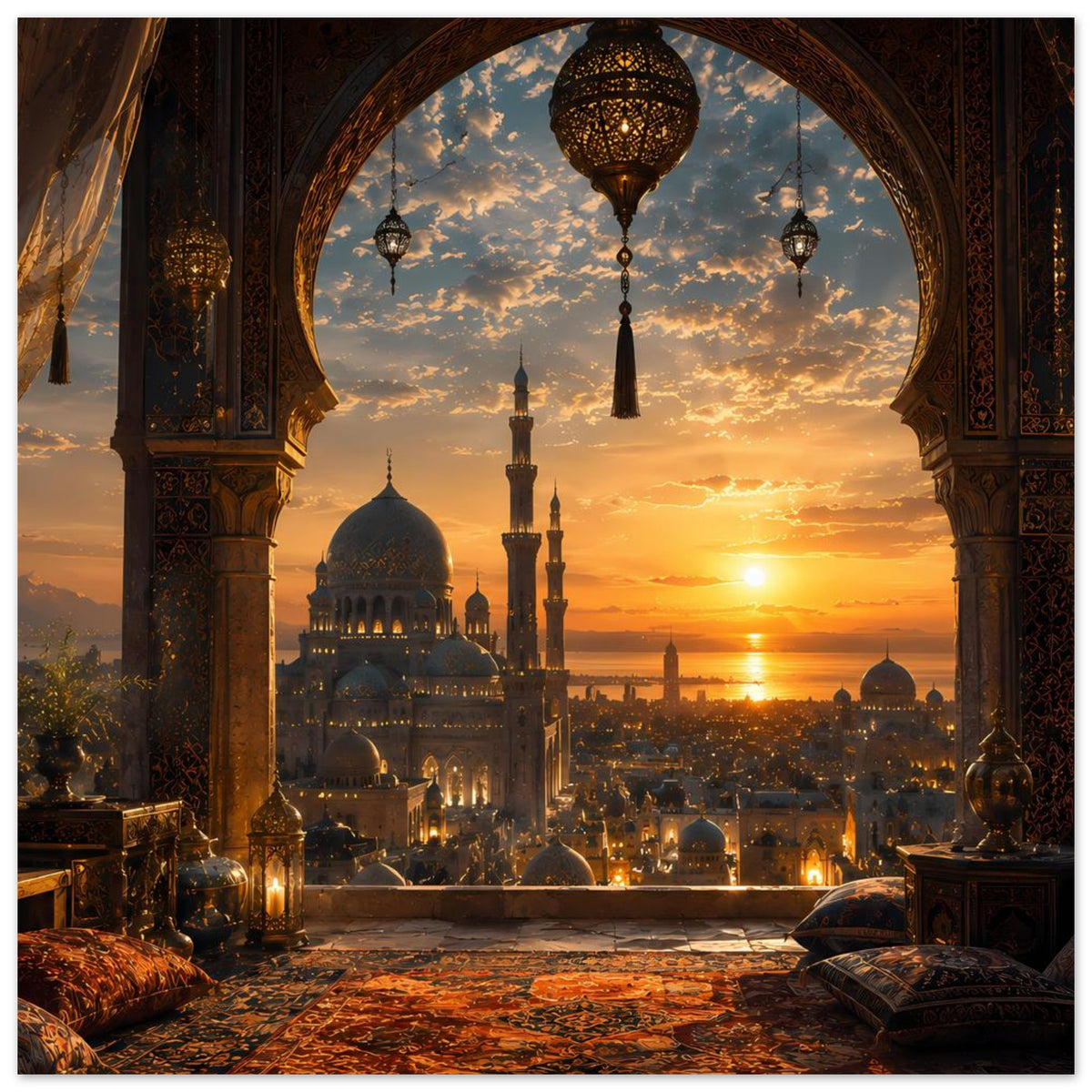 Poster mit verzierten Torbögen, Moscheeminaretten und Sonnenuntergang über der Stadt